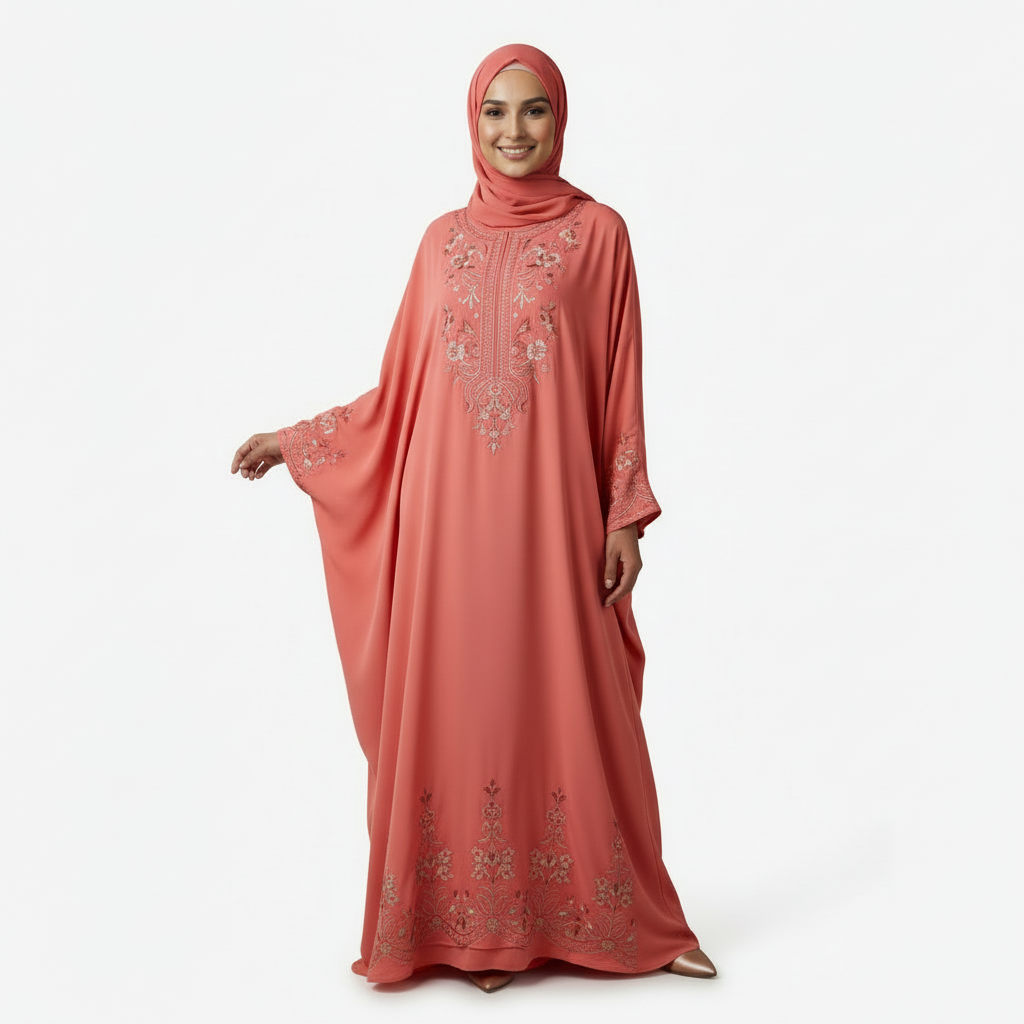 Coral Embroidered Burkha